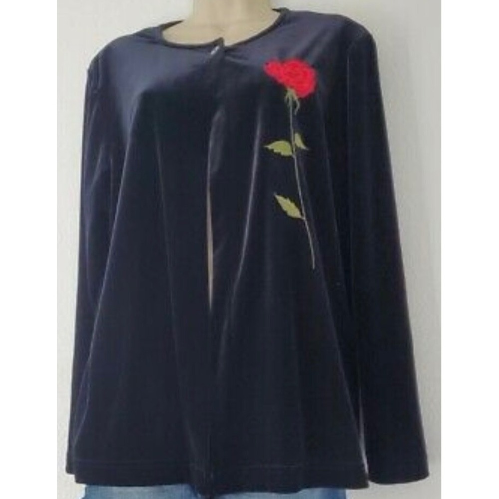 Vintage Clio Black Velvet Long Sleeve Stretch One Button Red Rose Embroidered